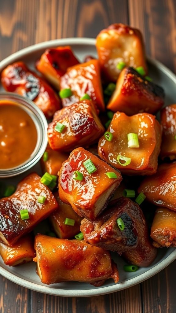 Crispy Air Fryer Pork Belly Ends Recipe Crispy air fryer pork belly ends garnished with green onions on a rustic plate.
